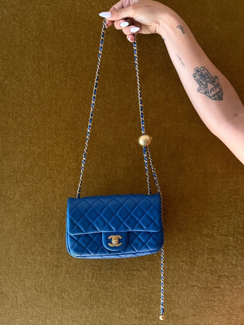 Chanel 22B Blue Lambskin Mini Square Pearl Crush Flap Bag Full Set-microchip